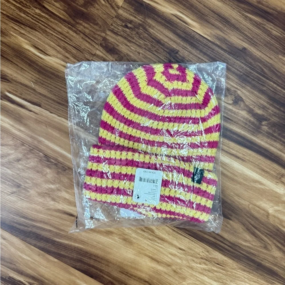 Free People Stripe It Up Pinkish-Red and Yellow Striped Beanie Hat